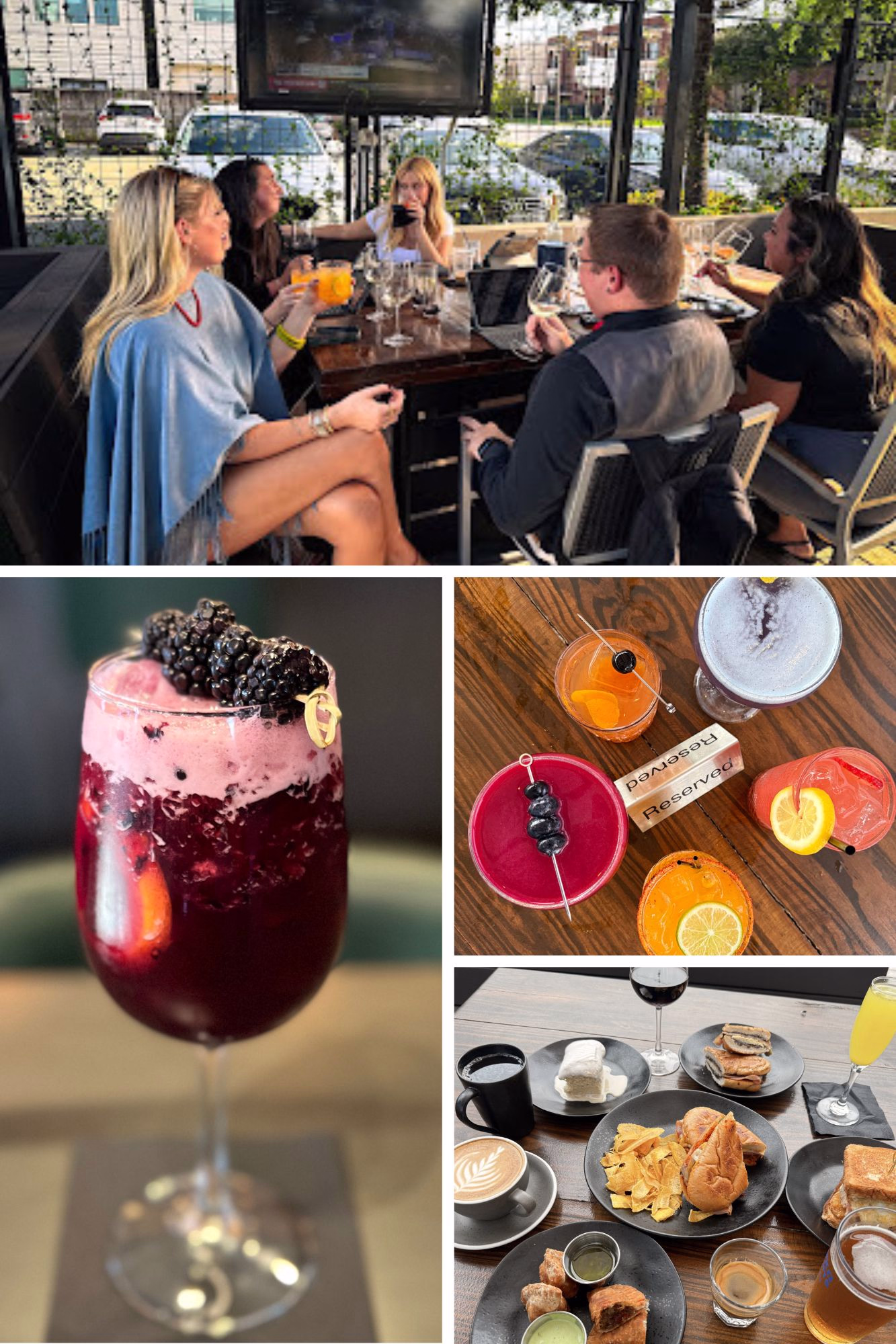 Friends enjoying cocktails and food on a patio at Botanic Beer Garden in Houston Heights