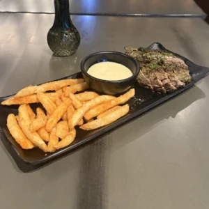 Steak frites in the Heights with chimichurri-marinated steak and crispy fries at Botanic Beer Garden
